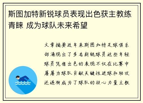 斯图加特新锐球员表现出色获主教练青睐 成为球队未来希望
