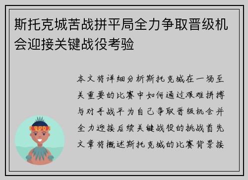 斯托克城苦战拼平局全力争取晋级机会迎接关键战役考验