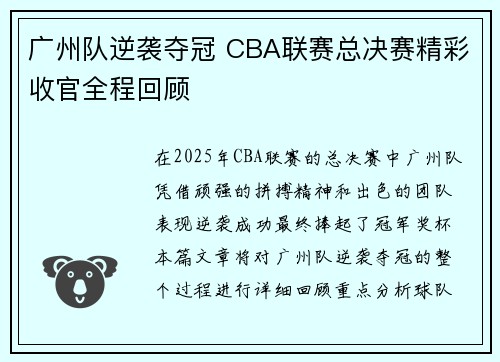 广州队逆袭夺冠 CBA联赛总决赛精彩收官全程回顾