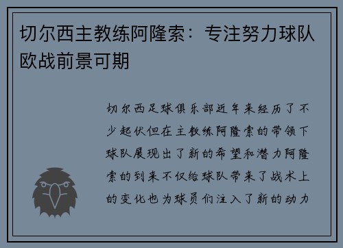 切尔西主教练阿隆索：专注努力球队欧战前景可期