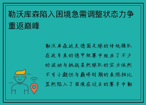 勒沃库森陷入困境急需调整状态力争重返巅峰