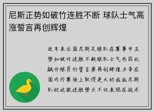 尼斯正势如破竹连胜不断 球队士气高涨誓言再创辉煌