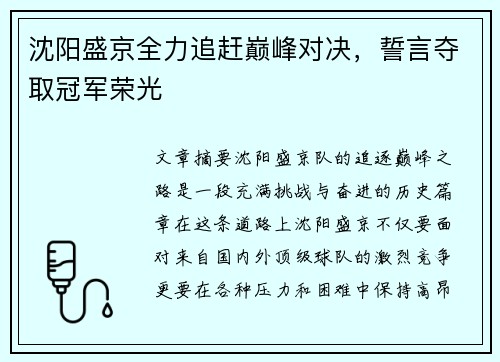 沈阳盛京全力追赶巅峰对决，誓言夺取冠军荣光