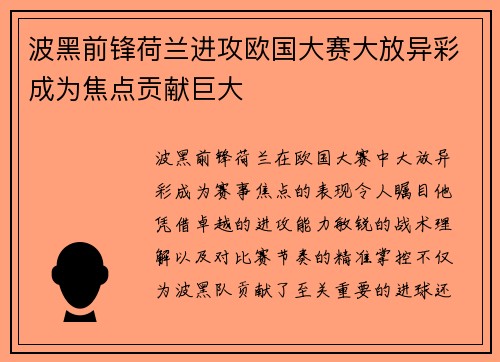 波黑前锋荷兰进攻欧国大赛大放异彩成为焦点贡献巨大